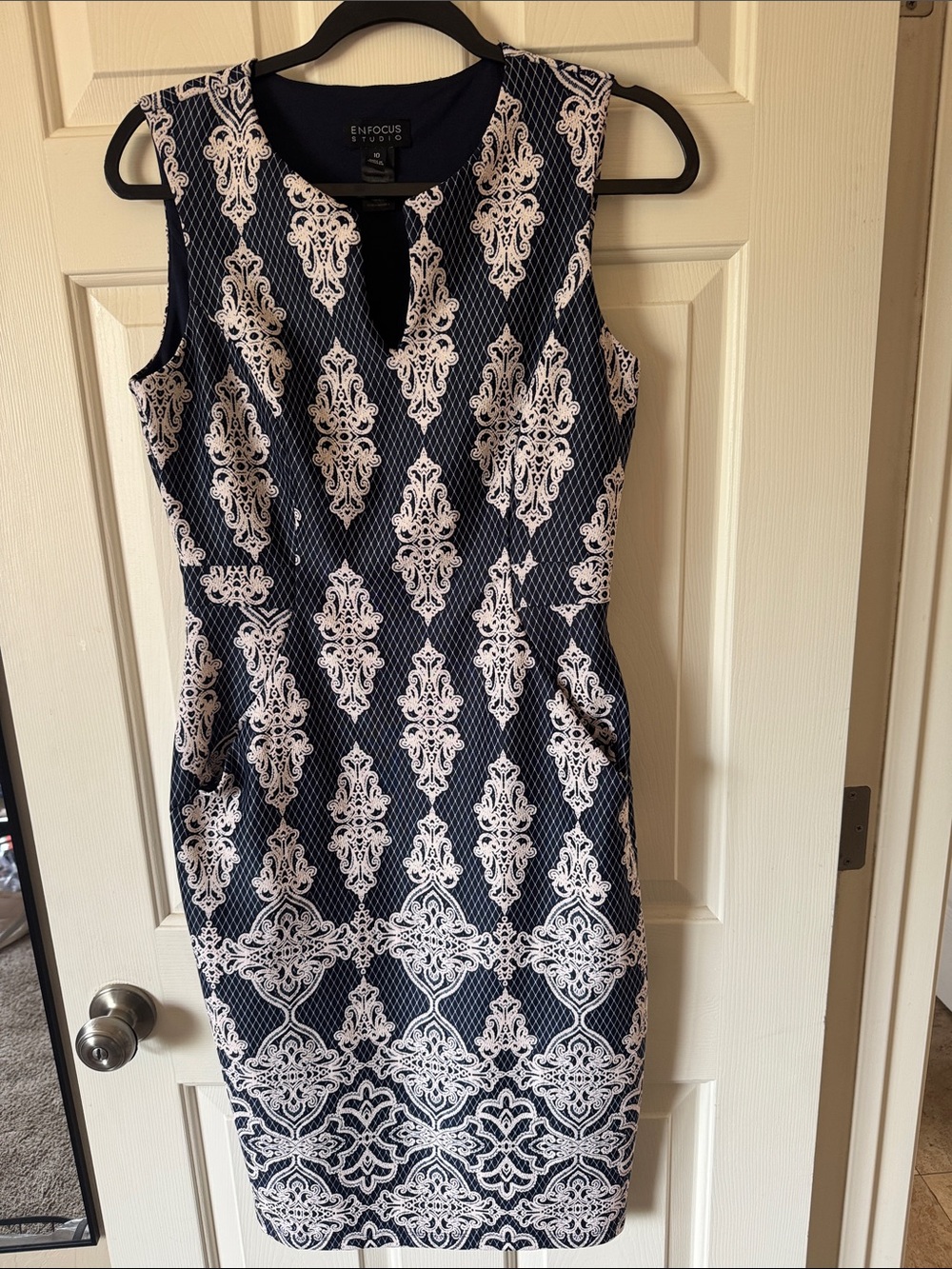 Enfocus Studio Navy Sheath Dress with White Damask Print